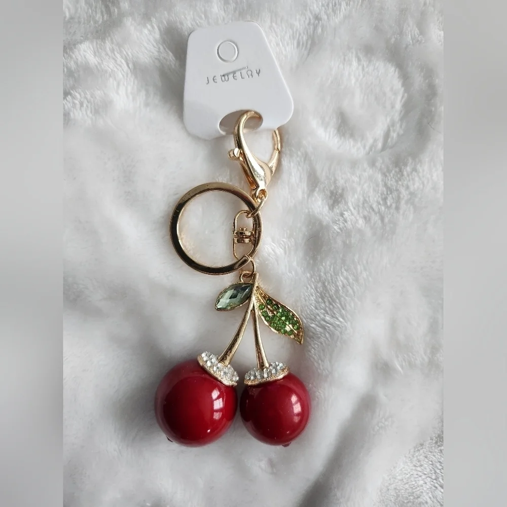 Cherry Keychain with Red and Gold Accents Bag Charm